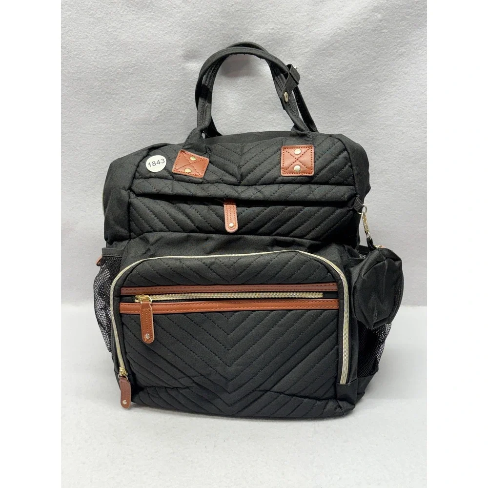 Black Quilted Diaper Bag Backpack with Brown Trim and Gold Hardware